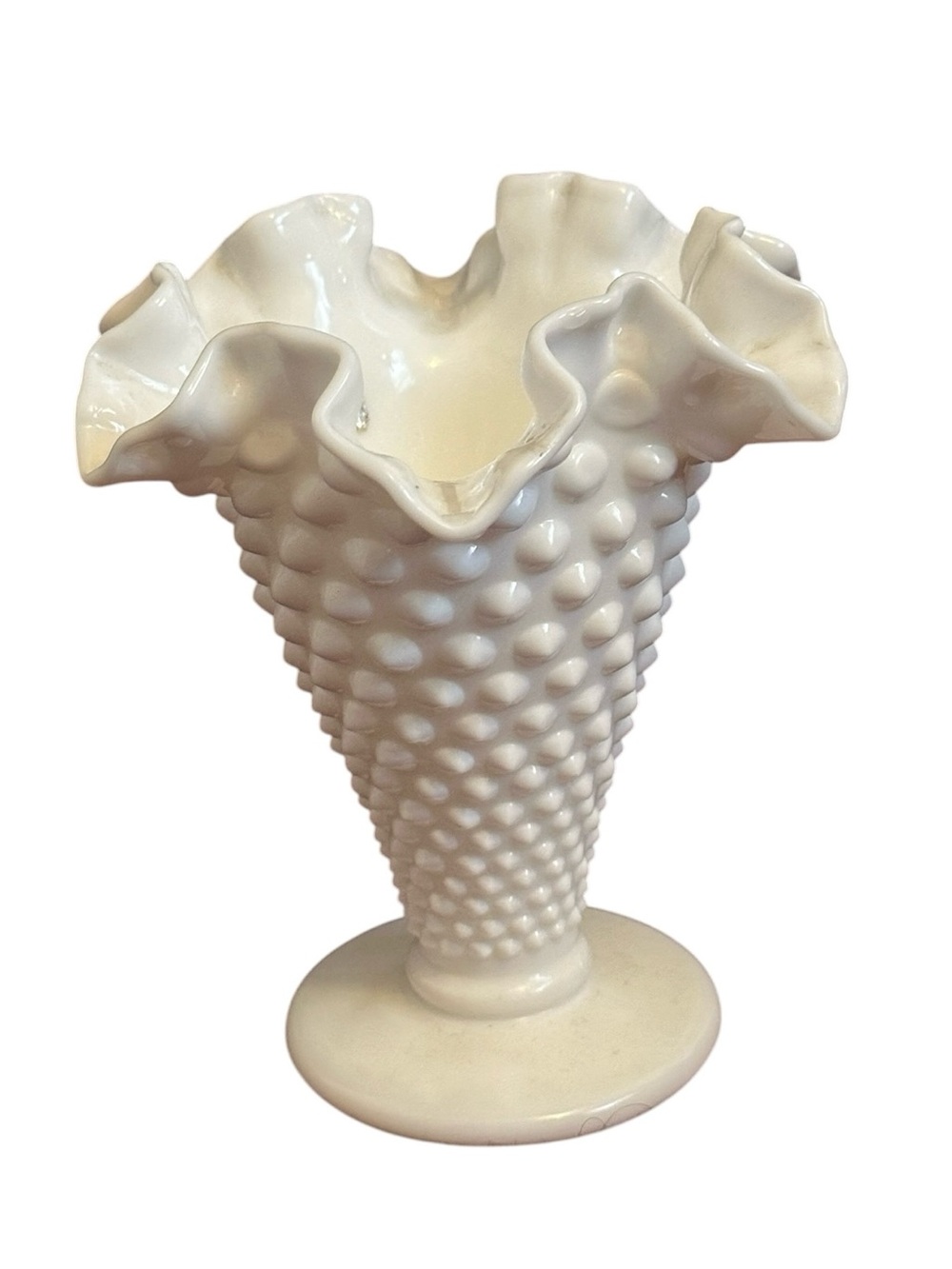 Vintage FENTON Hobnail White Milk Glass Trumpet Ruffled Edge Vase Short 6"